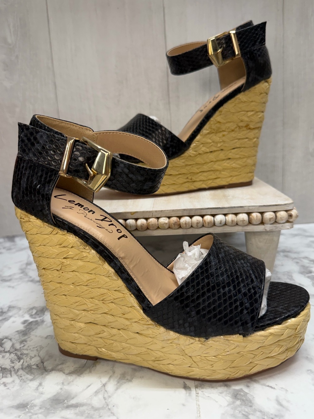 Lemon Drop by Privileged Treviso Snake Print Wedge Sandals Black NIB Size 7.5